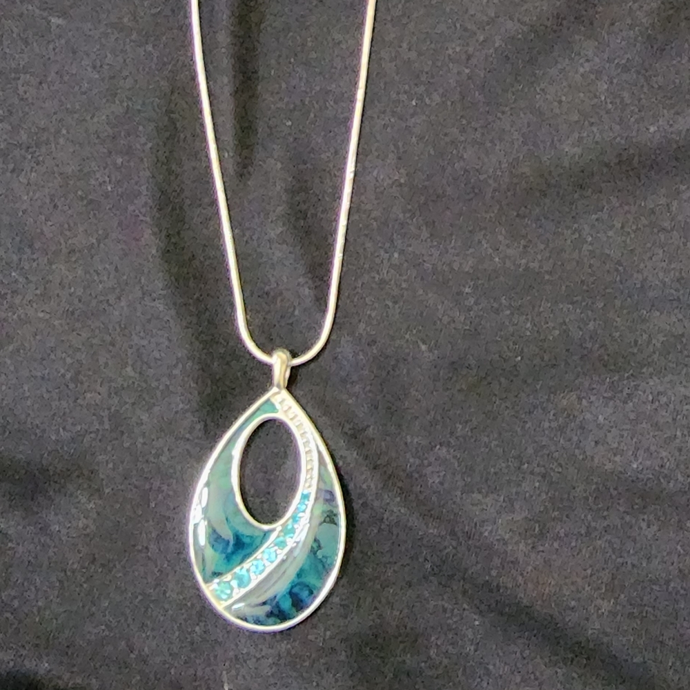 Silver necklace with blue-green mother of pearl inlay accented by crystals